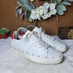 Rebecca Minkoff Mitchell White Taupe Leather Studded Lace Up Sneakers Sz…